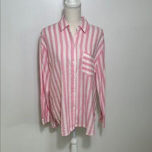 Old Navy The Boyfriend Pink and White Striped Button-Up Shirt Medium